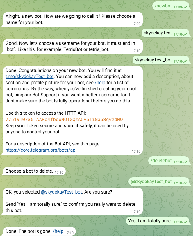 Telegram bot register and delete example
